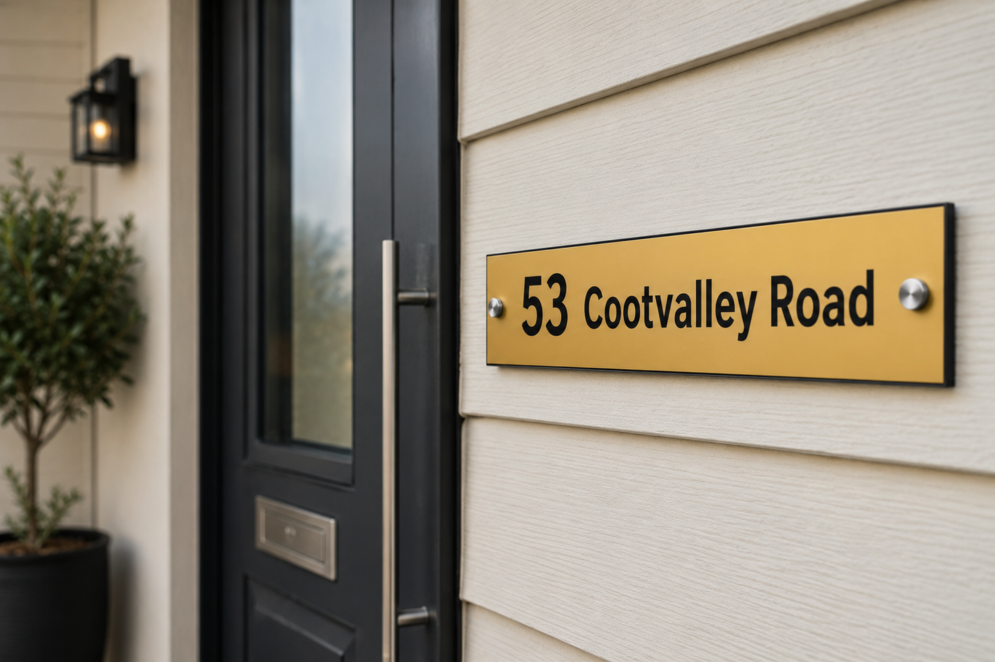 A rectangular gold metal house number sign reading '53 Cootvalley Road' with black lettering, mounted on beige exterior siding next to a dark gray front door.