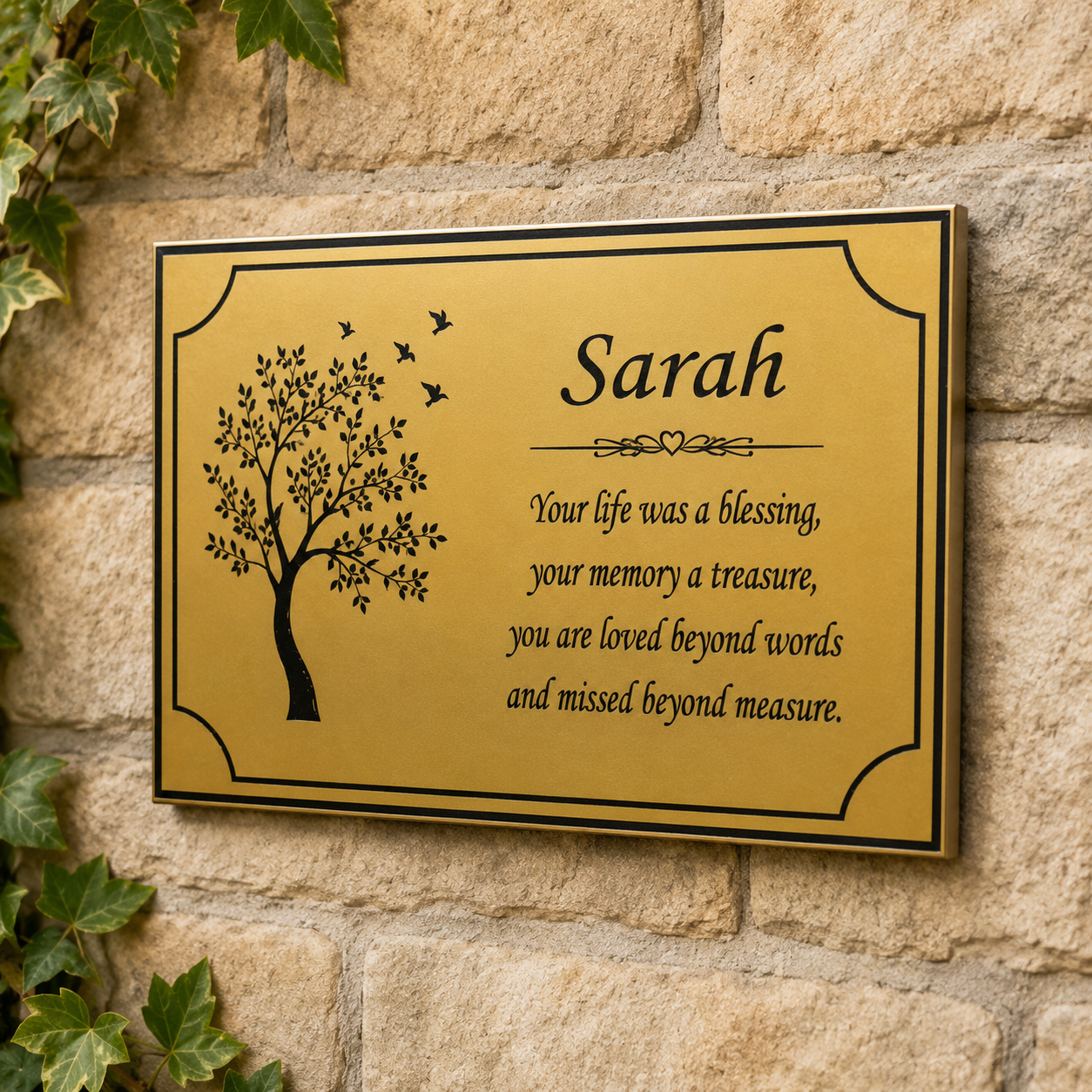 A personalized gold memorial plaque with a black border, featuring a tree silhouette and the name 'Sarah' with a memorial quote, mounted on a beige stone wall with green ivy.