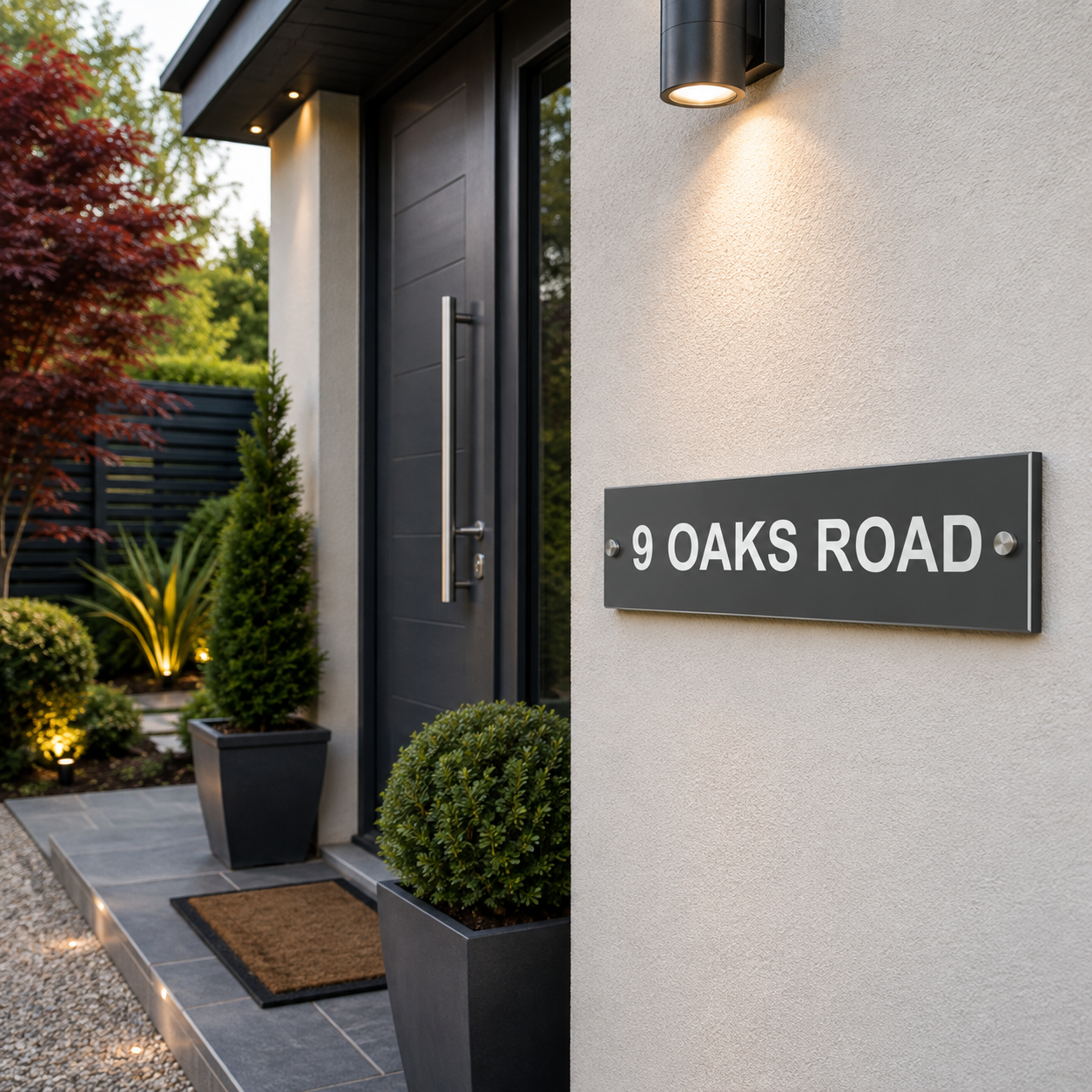 A modern black rectangular house number sign reading '9 OAKS ROAD' mounted on a light beige stucco wall next to a black outdoor wall sconce, with a front door, plants, and landscaping visible.
