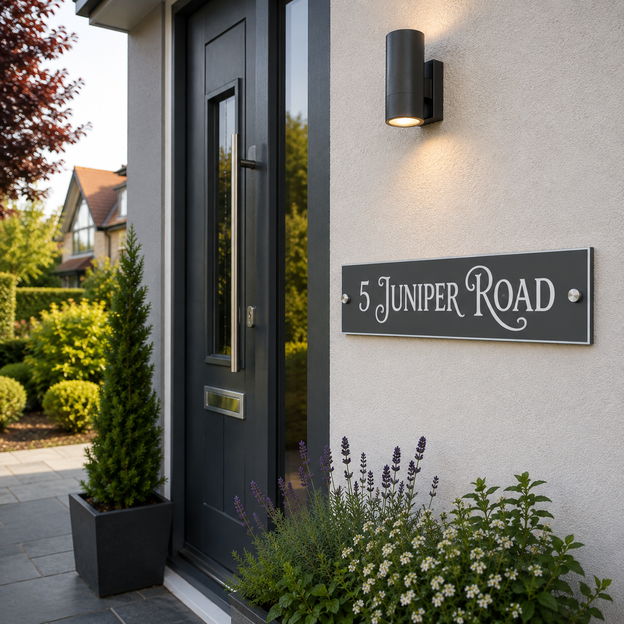 A modern black metal house number sign reading '5 JUNIPER ROAD' with white script lettering, mounted on a light gray stucco wall next to a black cylindrical outdoor wall light and a dark front door.