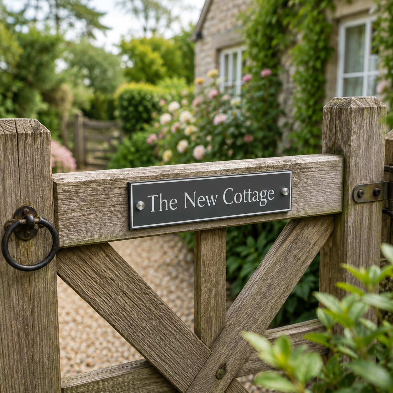 A rectangular black metal sign reading 'The New Cottage' in white lettering, mounted on a weathered wooden gate in a garden setting with a stone cottage and flowers in the background.