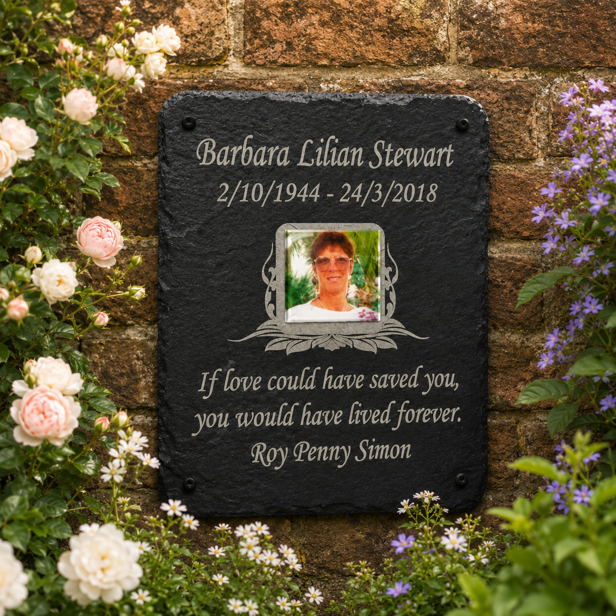 Personalised graveside photo memorial plaque with colour photograph, laser etched name, dates and remembrance wording on natural slate