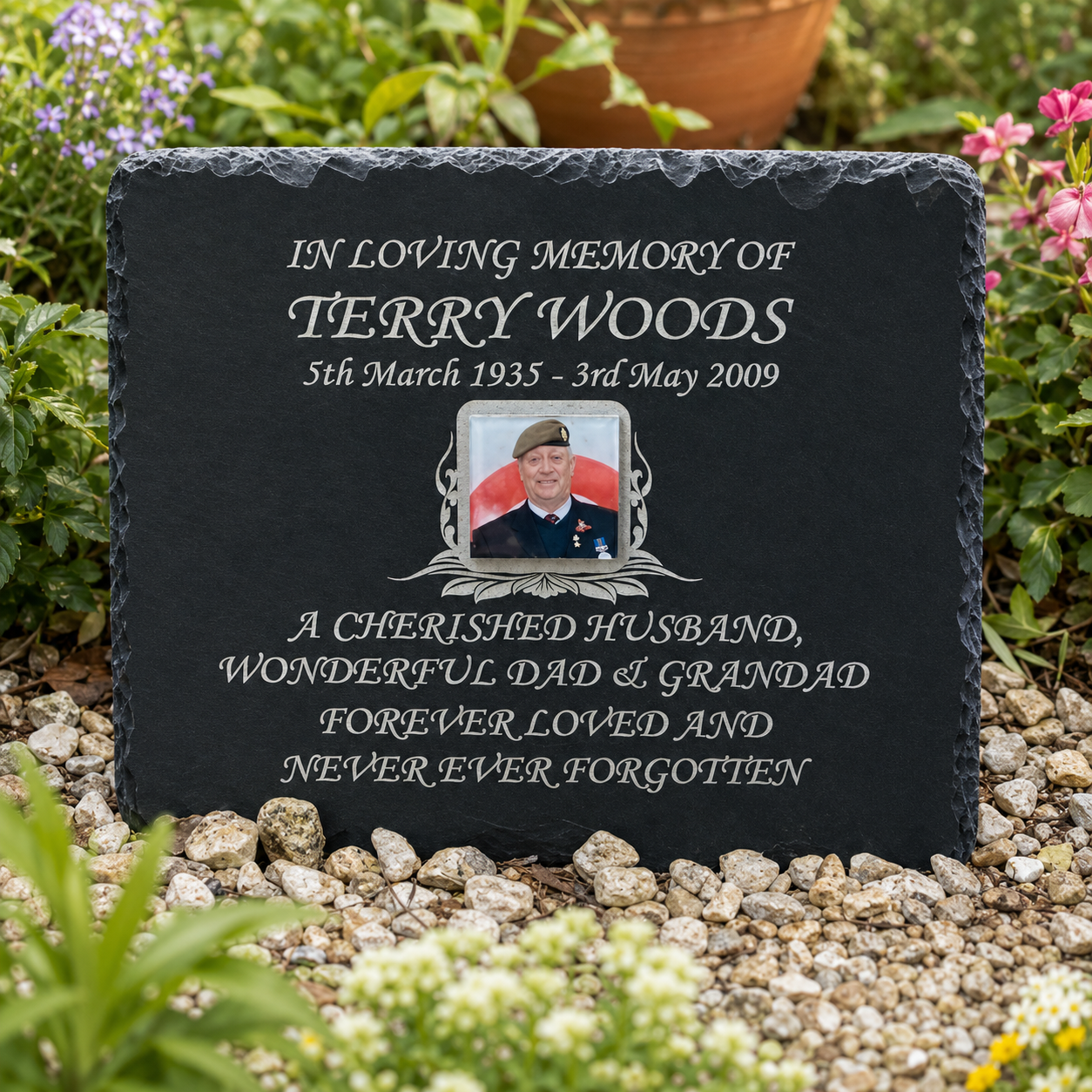 Personalised graveside photo memorial plaque with colour photograph, laser etched name, dates and remembrance wording on natural slate