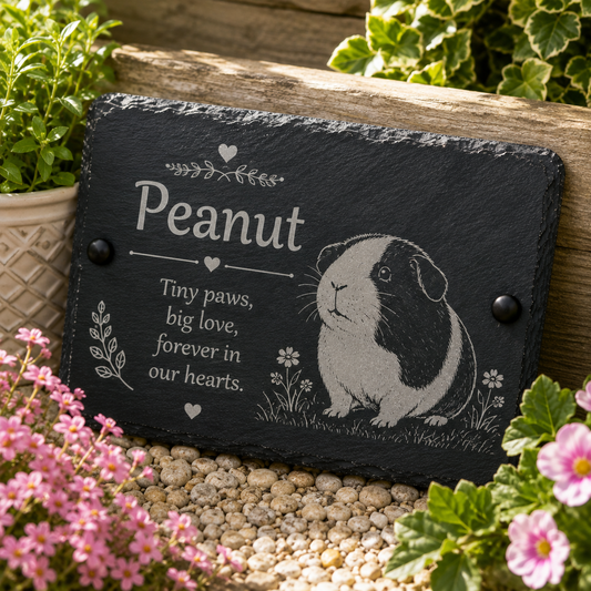 Personalized black slate plaque with a engraved guinea pig illustration and the name 'Peanut' on a garden bench surrounded by plants and flowers.