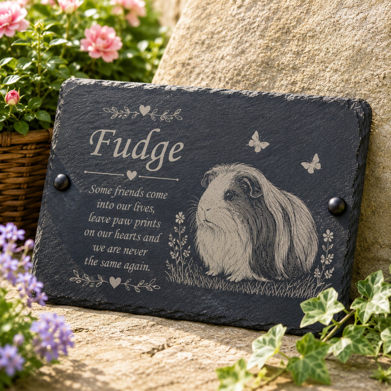 Personalized black slate garden plaque with engraved text reading 'Fudge' and a detailed guinea pig illustration, displayed outdoors on a stone surface with flowers and greenery around it.