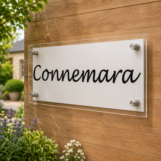Personalised house name sign with clear acrylic front, white aluminium composite backing panel and stainless steel stand-off fixings.