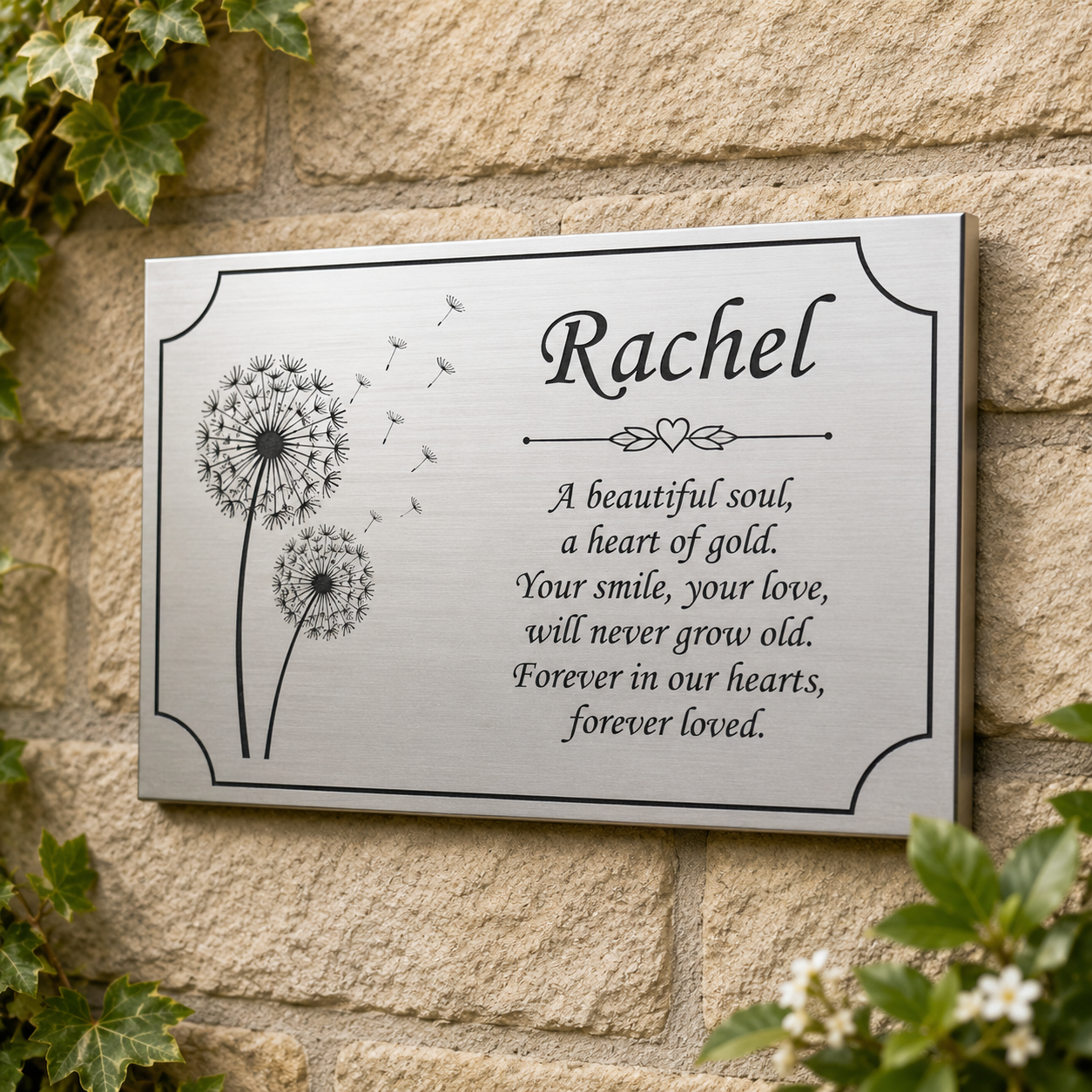 A personalized metal memorial plaque mounted on a beige stone wall, featuring a dandelion illustration and the name Rachel with a short remembrance poem.