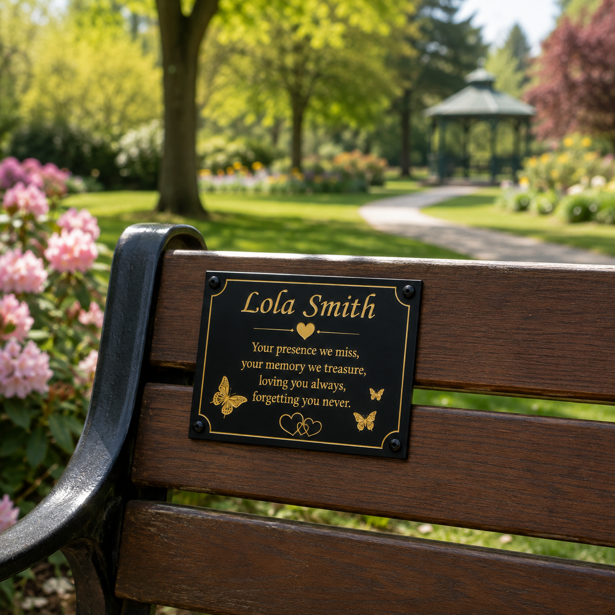 A black personalized memorial plaque with gold lettering and butterfly motifs, mounted on the back of a wooden park bench. The background shows a blurred green park with a gazebo and flowers.