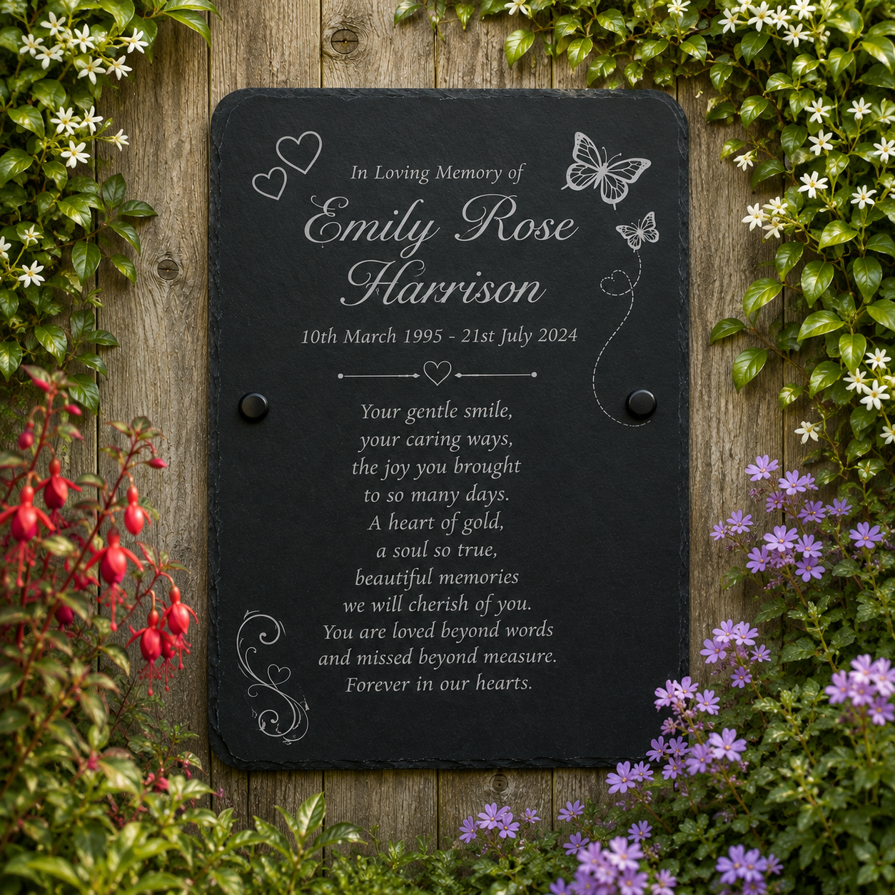 A personalized black slate memorial plaque with white engraved text and floral illustrations, mounted on a weathered wooden wall and framed by green ivy, small white flowers, and purple blossoms.