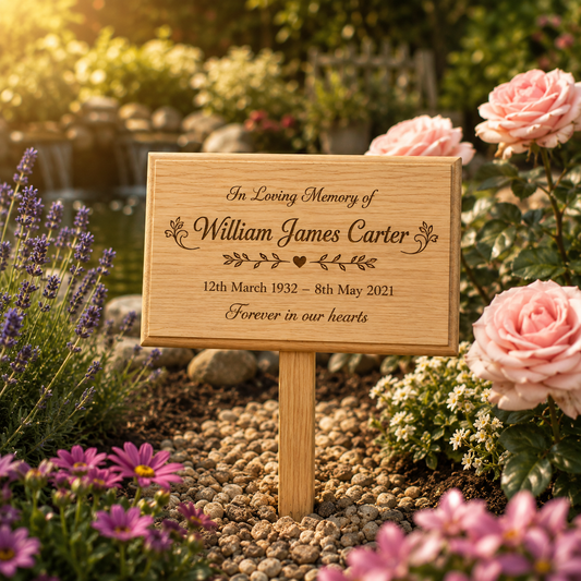Personalized wooden garden memorial plaque with engraved text reading 'In Loving Memory of William James Carter' and dates, displayed in a garden bed surrounded by pink roses and lavender.