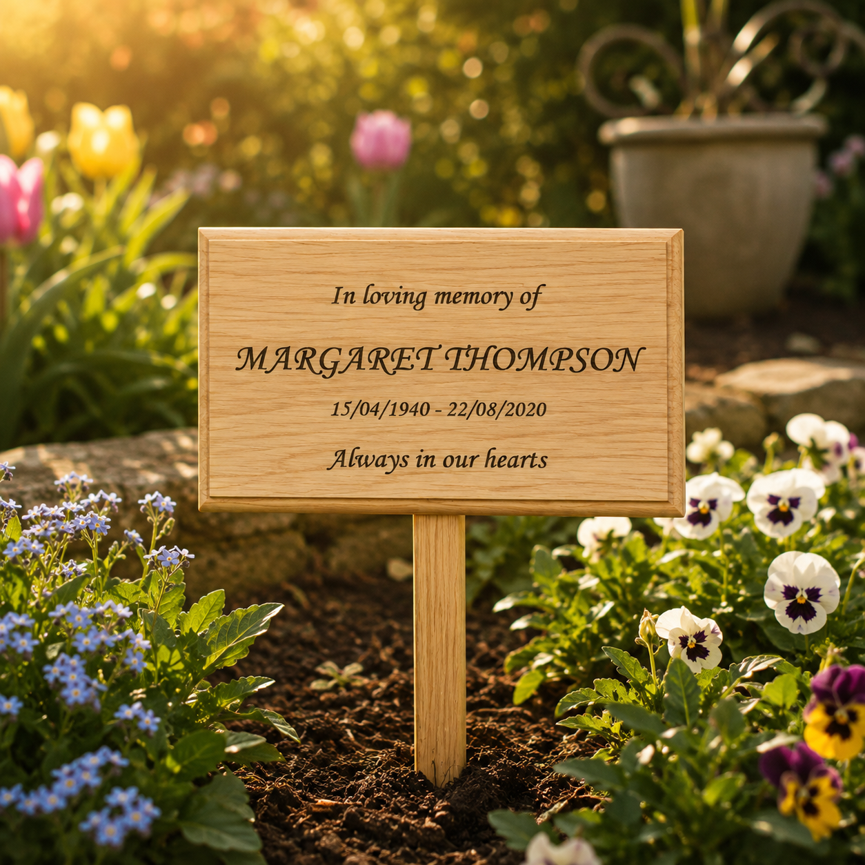 A personalized wooden garden memorial plaque with a single stake, engraved with the text 'In loving memory of MARGARET THOMPSON 15/04/1940 - 22/08/2020 Always in our hearts', displayed in a garden bed with flowers and green foliage.