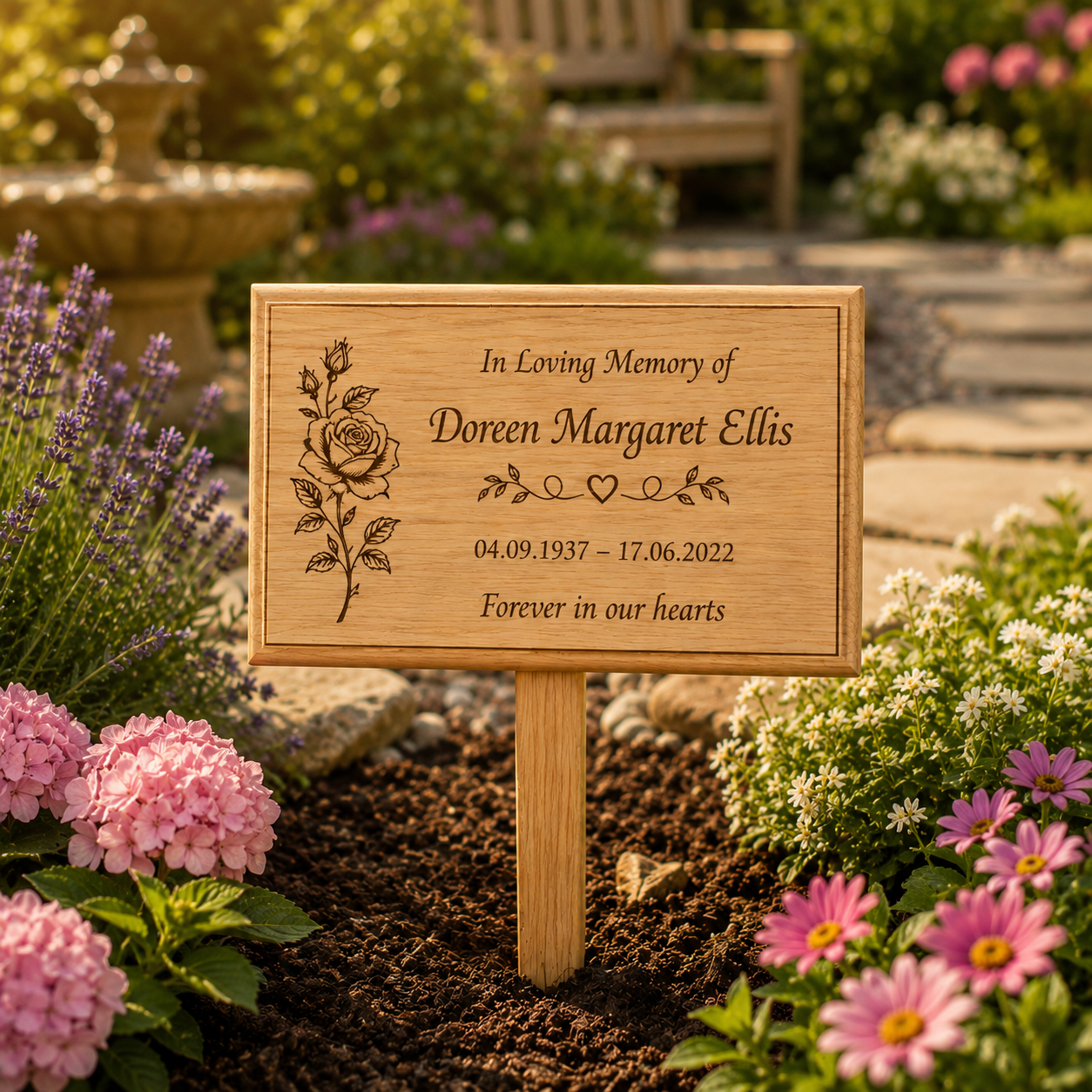 Personalized wooden garden memorial plaque with engraved text reading 'In Loving Memory of Doreen Margaret Ellis' and a rose illustration, placed in a flowerbed with pink flowers and greenery.