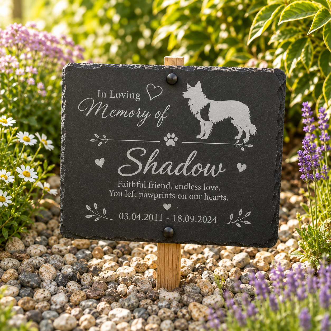 Personalized black slate memorial garden sign with engraved white text reading 'In Loving Memory of Shadow' and a dog silhouette, displayed in a gravel garden bed with flowers and greenery around it.