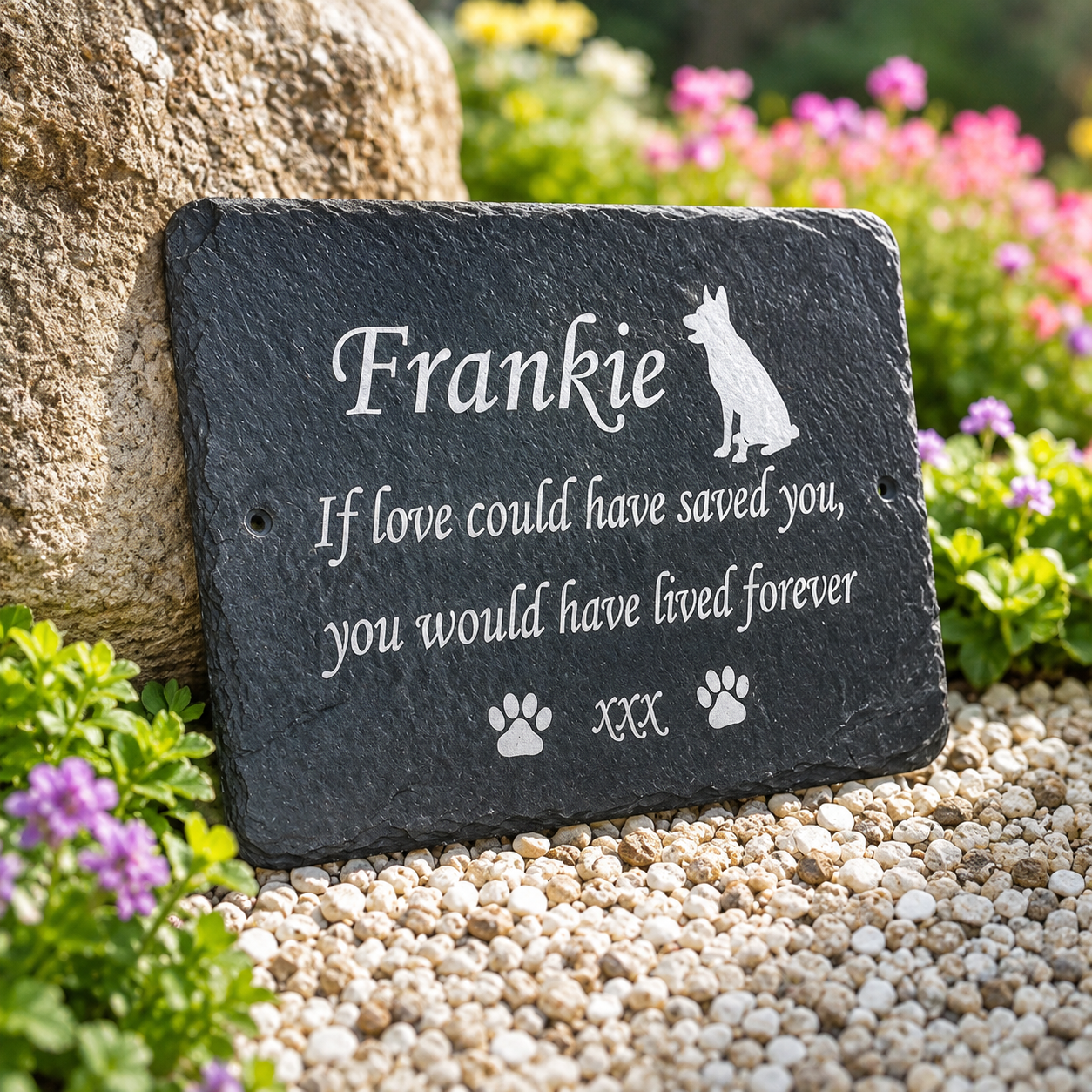 Personalized black slate pet memorial plaque engraved with the name 'Frankie', a dog silhouette, and the phrase 'If love could have saved you, you would have lived forever', displayed outdoors on gravel beside flowers and a rock.