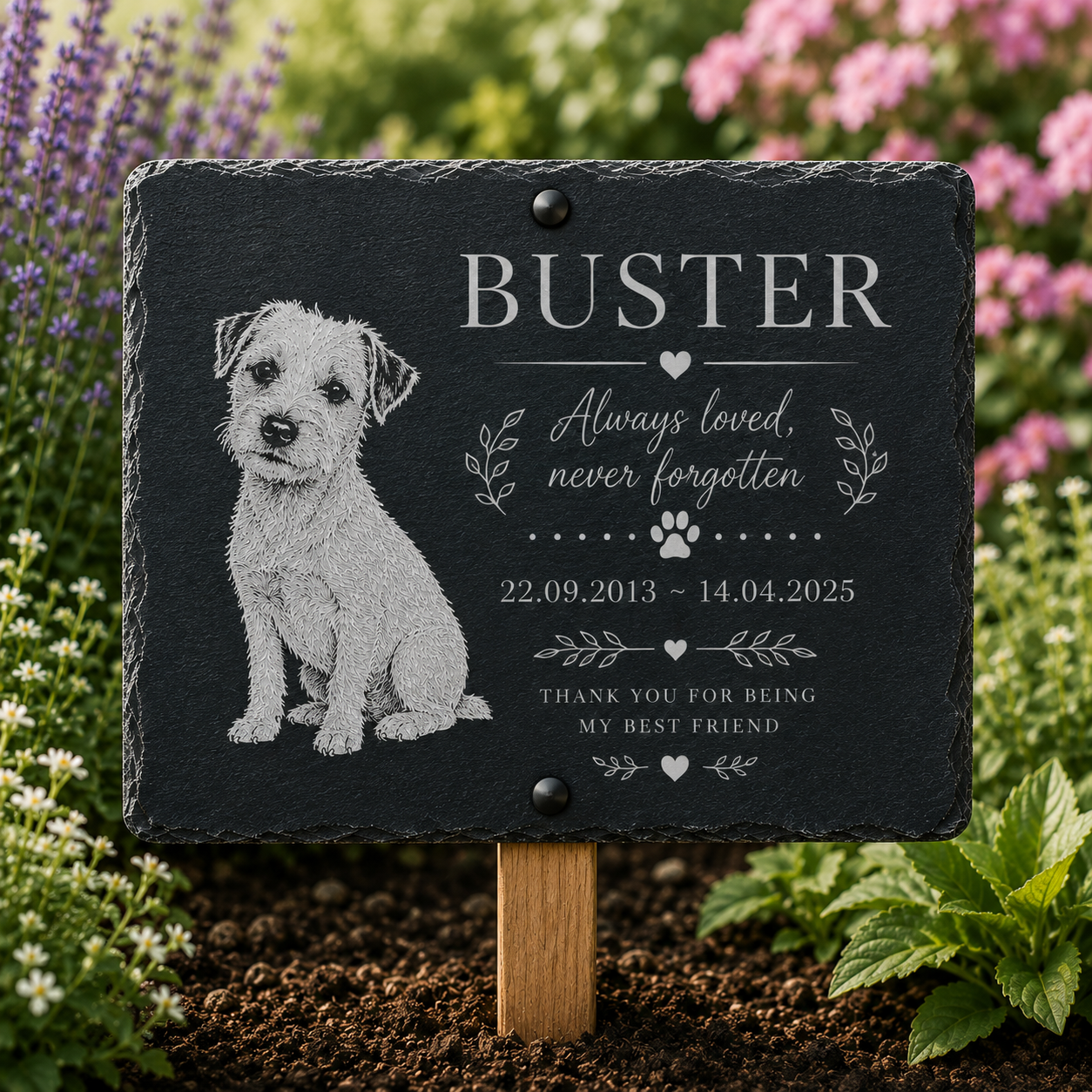 Personalized pet memorial garden plaque on a wooden stake, featuring a engraved sketch of a terrier-type dog and the text 'BUSTER' with remembrance and thank-you message, displayed outdoors in a garden setting.