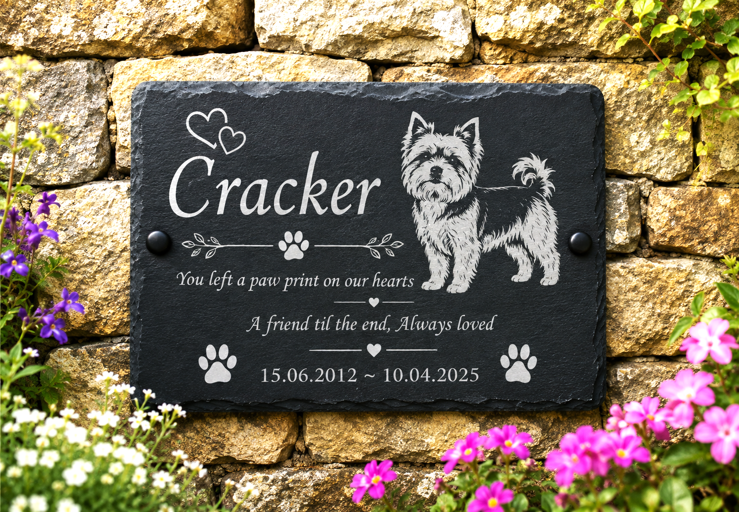 Personalized black slate pet memorial plaque mounted on a stone wall, featuring engraved white text reading 'Cracker' with a white dog illustration, paw prints, dates, and flowers around it.