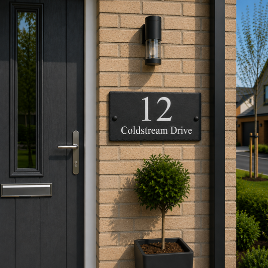 A black slate house number sign reading '12 Coldstream Drive' mounted on a beige brick wall next to a dark gray front door with a small potted topiary tree below.