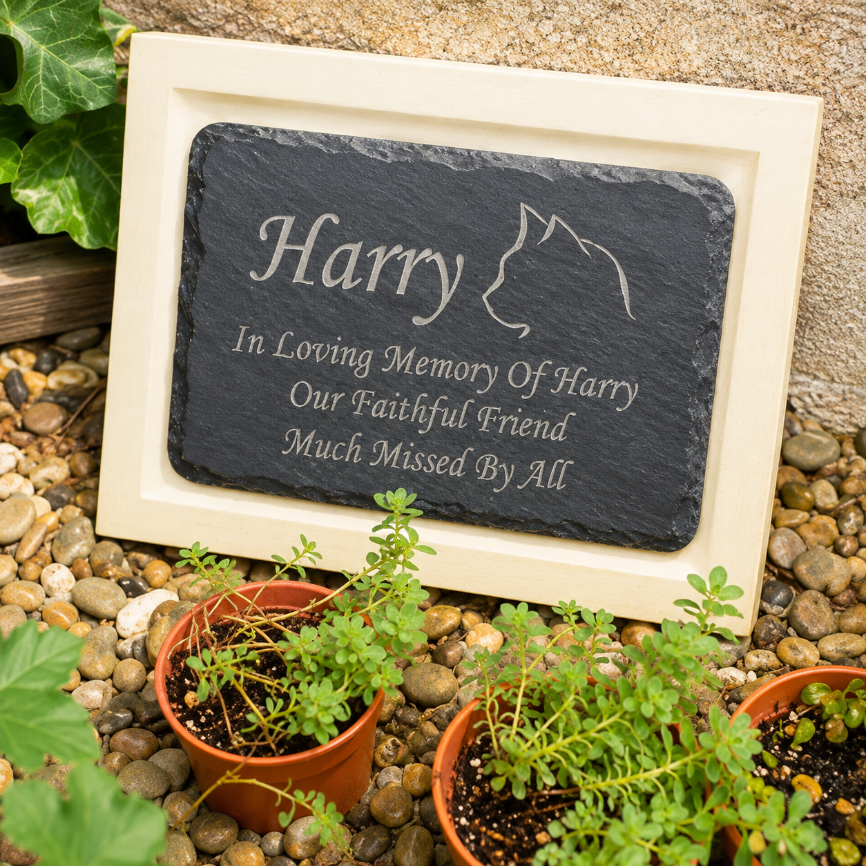 A personalized pet memorial plaque made from a rectangular dark slate board with a cream-colored frame, placed outdoors on a bed of small pebbles with potted green plants nearby. The slate is engraved with the name 'Harry', a cat silhouette, and the text 'In Loving Memory Of Harry Our Faithful Friend Much Missed By All'.