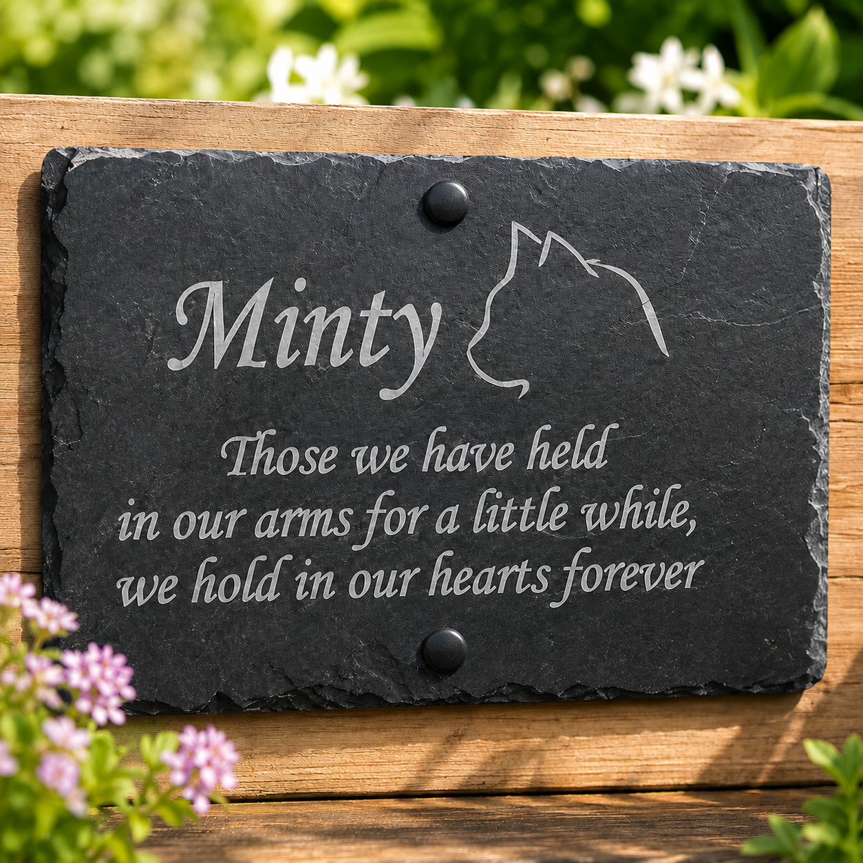 Personalized black slate pet memorial plaque engraved with the name 'Minty', a cat silhouette, and a remembrance quote, mounted on a wooden garden wall with blurred greenery and flowers in the background.