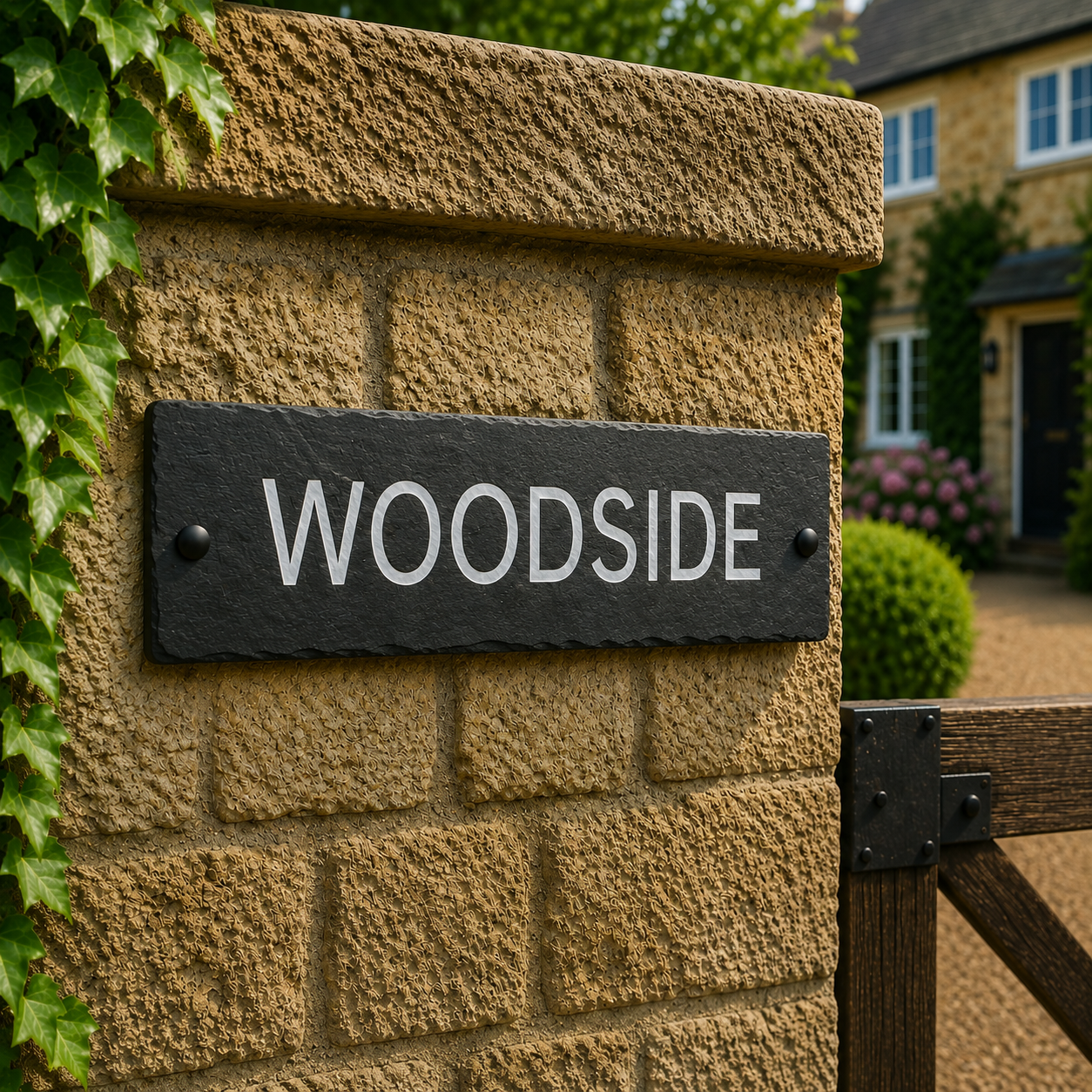 A rectangular black slate sign with the word 'WOODSIDE' in white capital letters, mounted on a tan stone wall beside a wooden gate, with ivy and a house visible in the background.