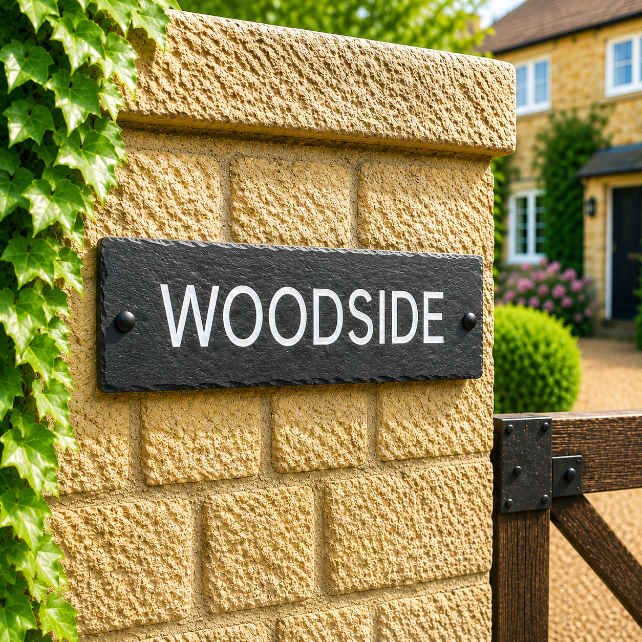 A rectangular black slate house name sign with white lettering reading 'WOODSIDE', mounted on a tan textured stone pillar at a garden gate, with ivy on the left and a house in the background.
