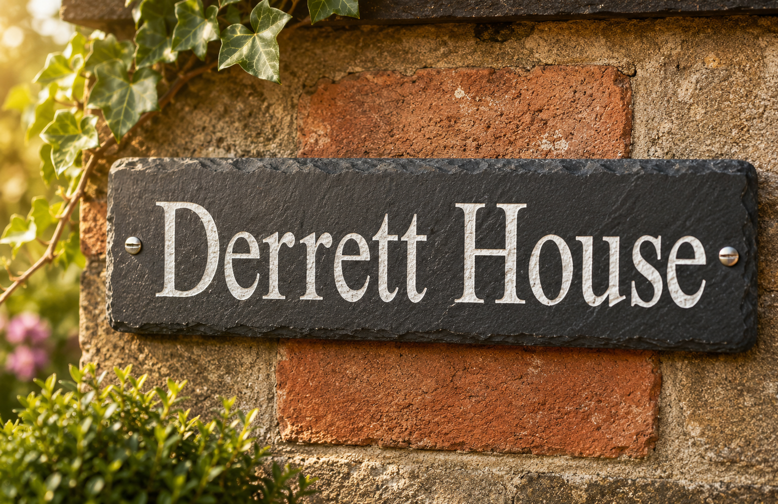 A rectangular black slate house sign with white lettering reading 'Derrett House,' mounted on a rustic brick wall with ivy and greenery visible around it.