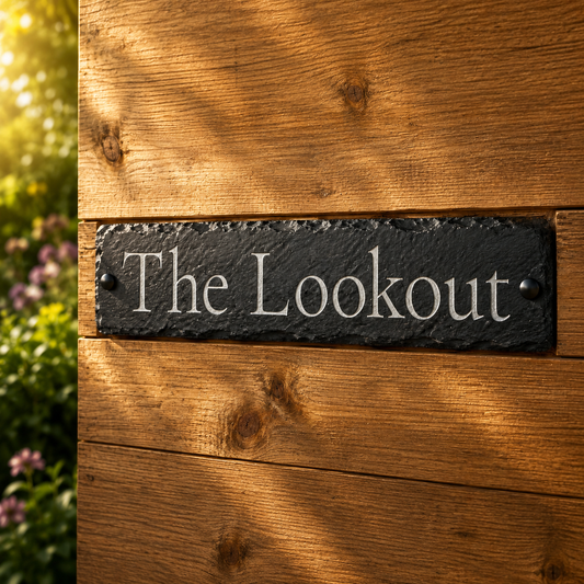 A rectangular black slate sign with the words 'The Lookout' in white serif lettering, mounted on a warm brown wooden wall. Sunlight and leaf shadows fall across the wood, and blurred greenery with pink flowers is visible along the left edge.