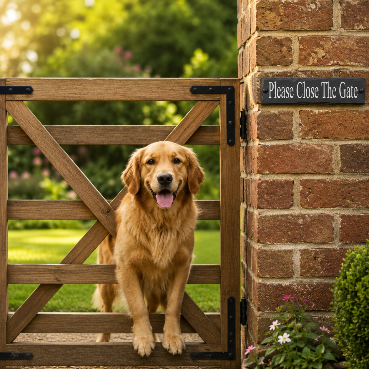 A golden retriever stands behind a wooden gate next to a brick wall with a black sign that reads 'Please Close The Gate'.