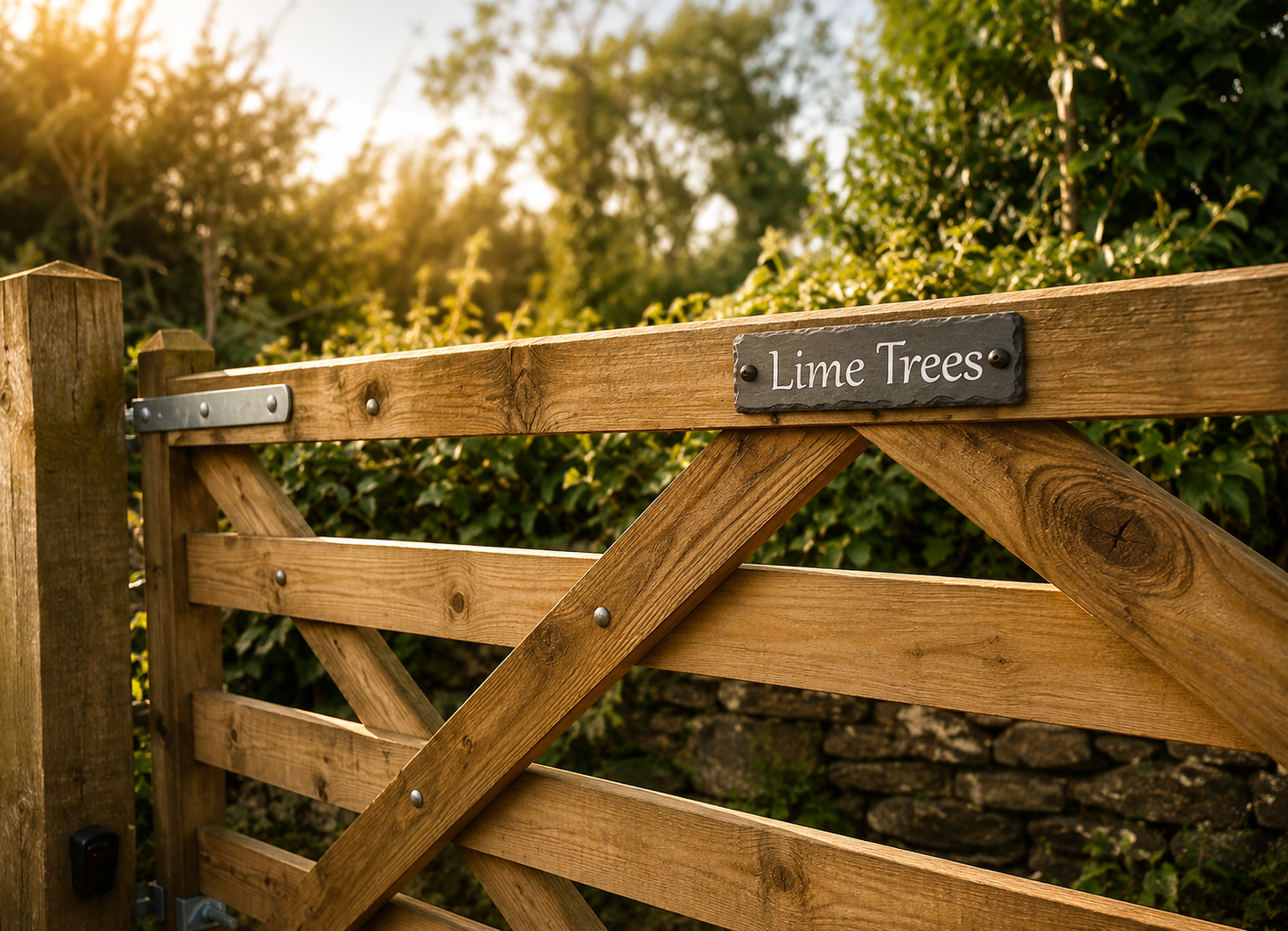 A wooden garden gate with a metal sign reading 'Lime Trees' mounted on the top rail, set against a blurred background of green foliage and warm sunlight.