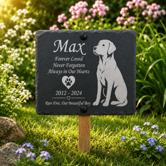 Personalized pet memorial garden plaque on a wooden stake, featuring a engraved Labrador Retriever illustration and text for a dog named Max, set in a sunny garden with flowers and green grass.