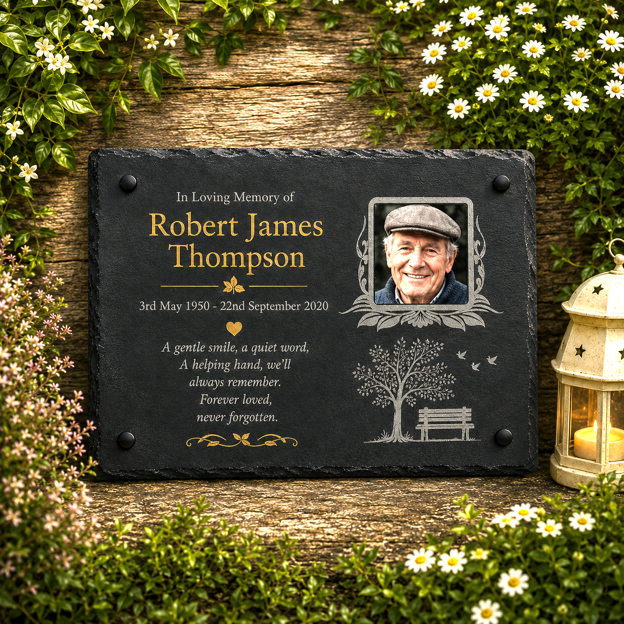 Personalised natural slate photo memorial plaque with loved one's photograph, gold name, dates and custom memorial wording