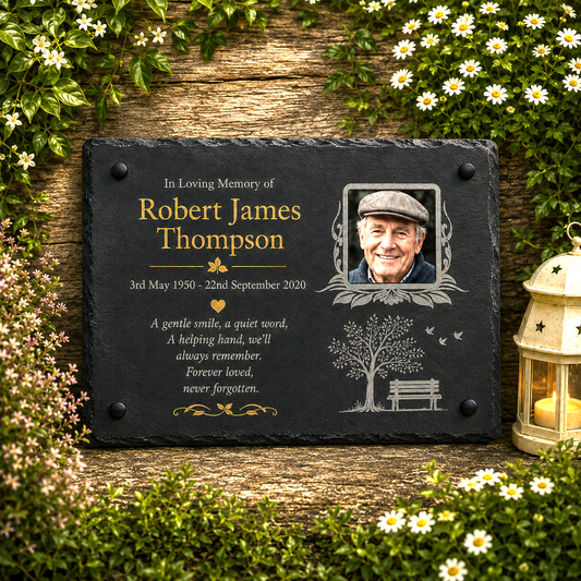 Personalised natural slate photo memorial plaque with loved one's photograph, gold name, dates and custom memorial wording