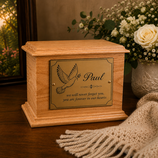 A light natural wood keepsake urn box with a personalized brass plaque engraved with a dove, the name 'Paul', and a remembrance quote. The box is styled on a wooden table with a beige knit throw blanket and a vase of white roses in the background.