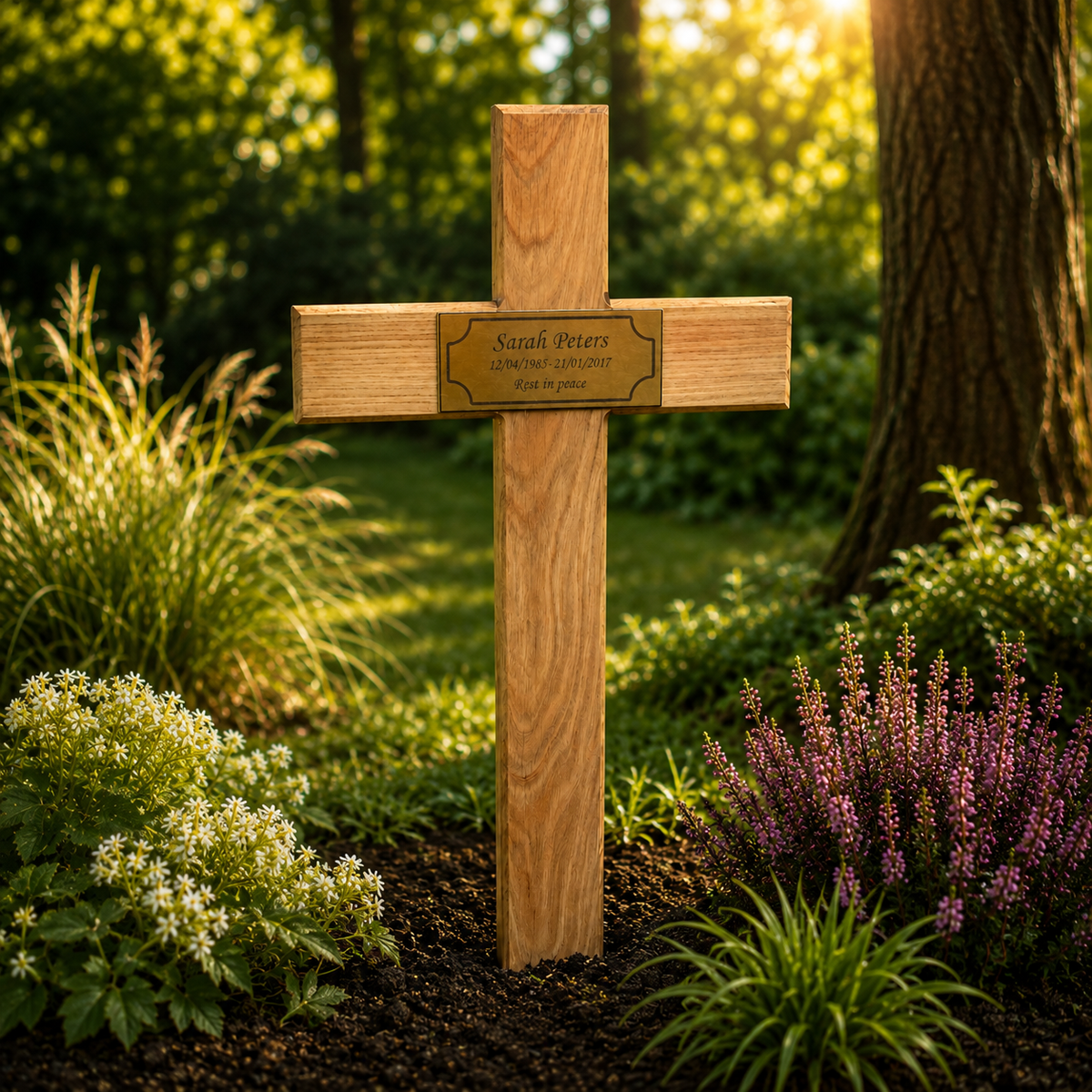A personalized wooden cross grave marker with a brass nameplate, set in a garden soil with green plants and purple flowers in the background.