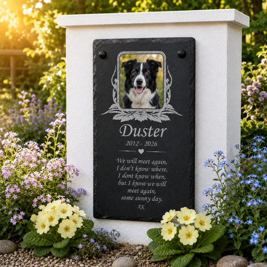 Personalised pet photo memorial plaque and natural slate grave marker for dogs, cats, rabbits, horses, birds and other pets with photograph and memorial wording