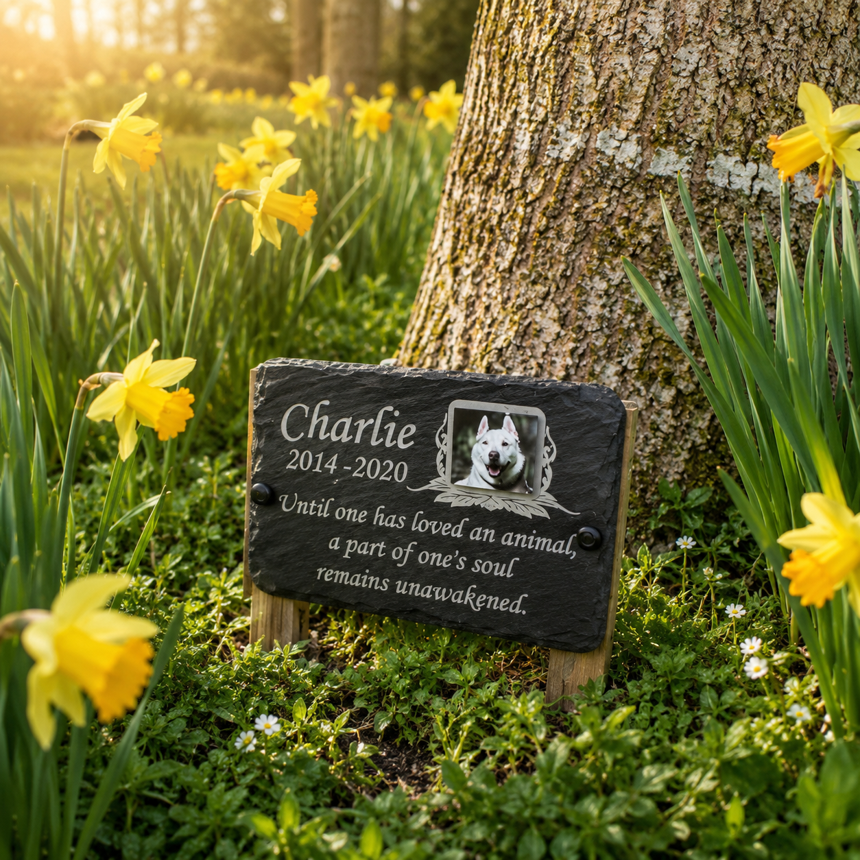 A personalized black slate pet memorial garden marker with a photo of a white dog and engraved text, displayed in a grassy garden next to a tree trunk and yellow daffodils.