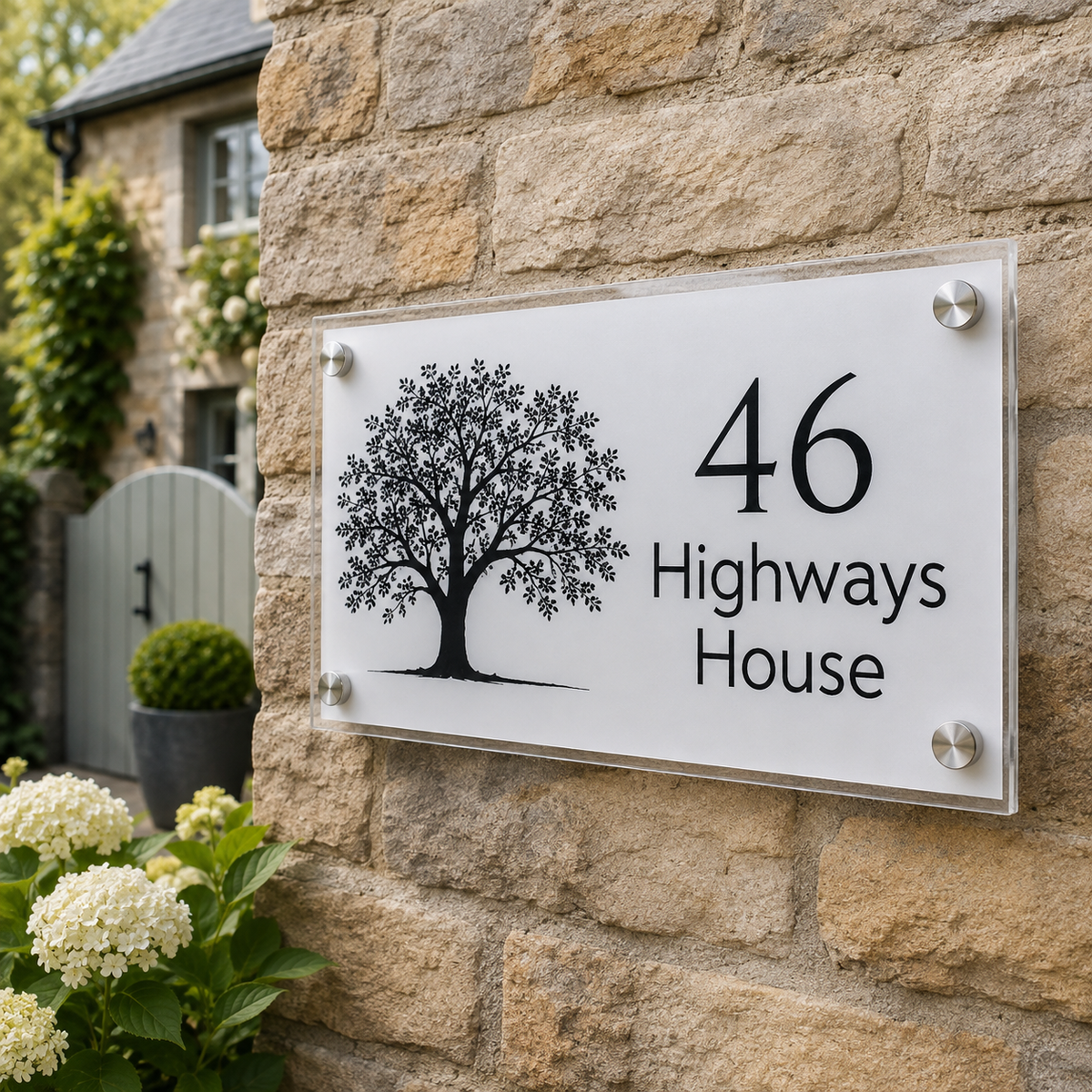A modern white rectangular house number plaque with a black tree graphic and the text '46 Highways House,' mounted on a beige stone wall outdoors.
