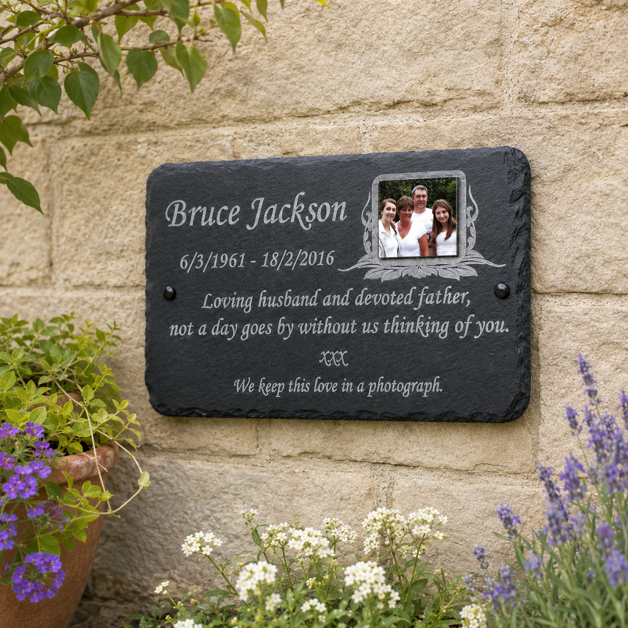 Personalised photo memorial plaque for grave with colour photograph, laser etched name, dates and remembrance wording on natural slate