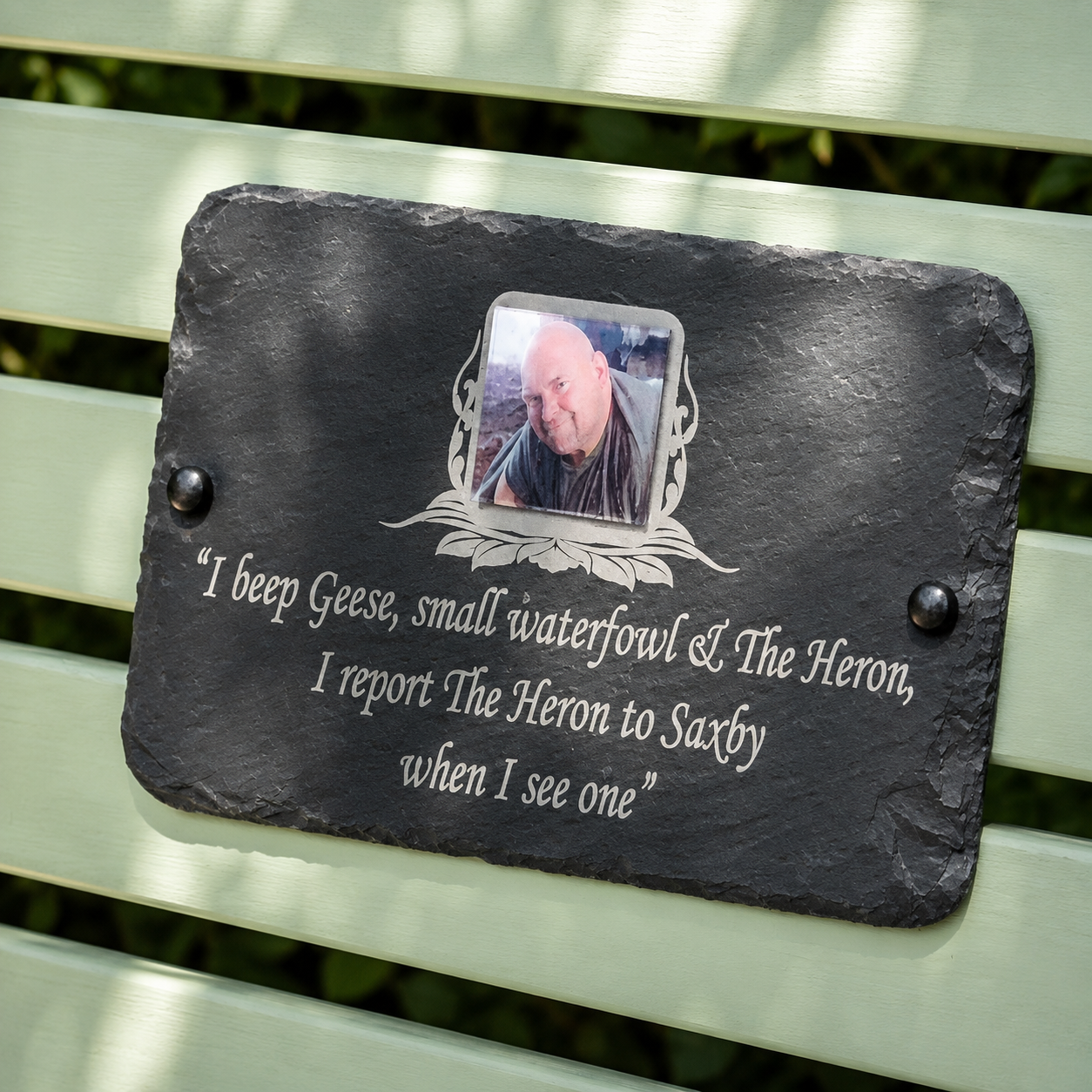 Personalised photo memorial plaque and slate grave marker with colour photograph, laser etched name, dates and remembrance wording
