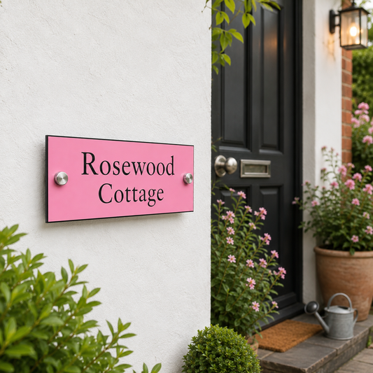 A rectangular pink house sign with black text reading 'Rosewood Cottage' mounted on a white stucco wall beside a black front door, with plants and a watering can in the scene.