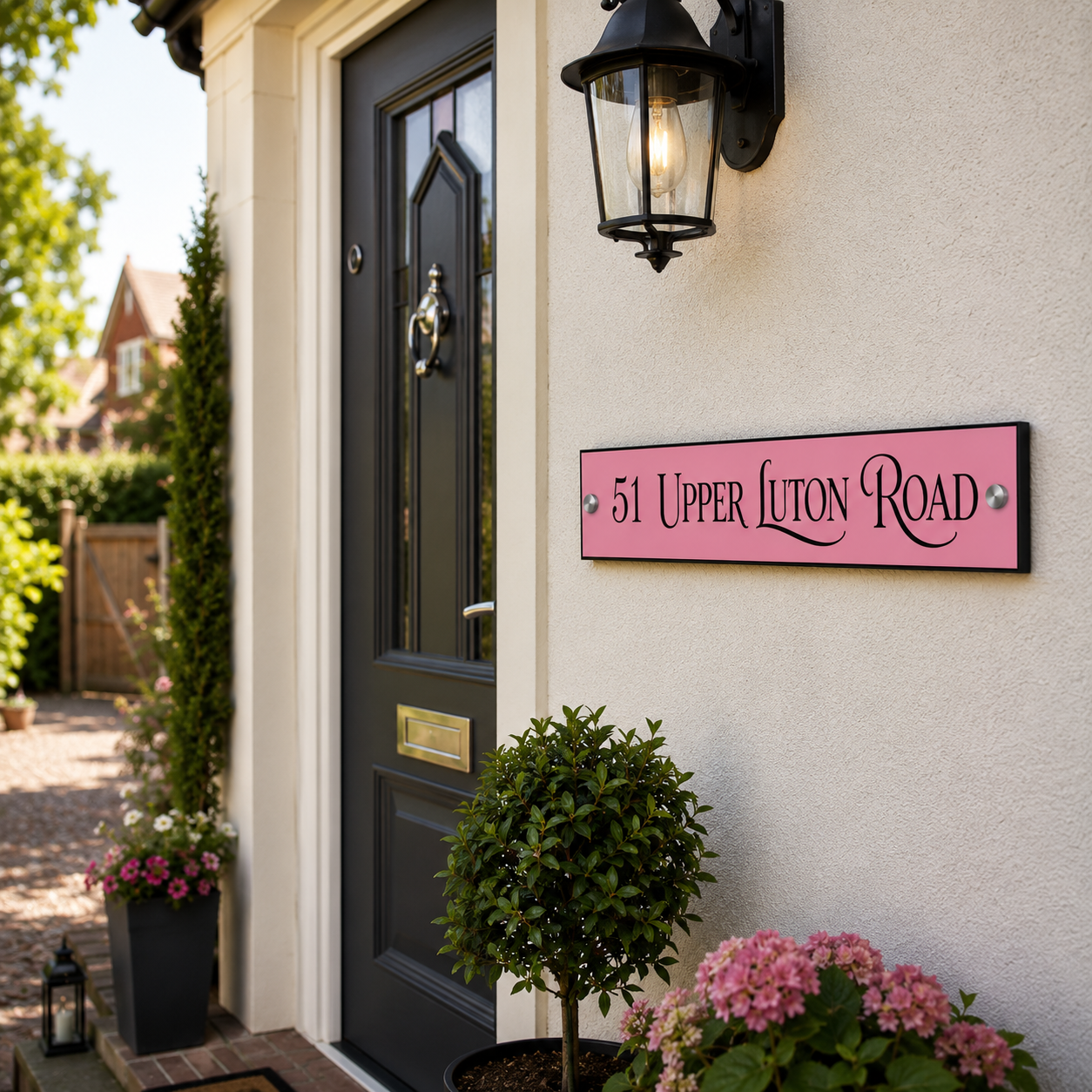 Personalised pink aluminium house sign with black lettering, contemporary matt metal house plaque available in multiple sizes with hidden floating or stainless steel stand-off fixing options.