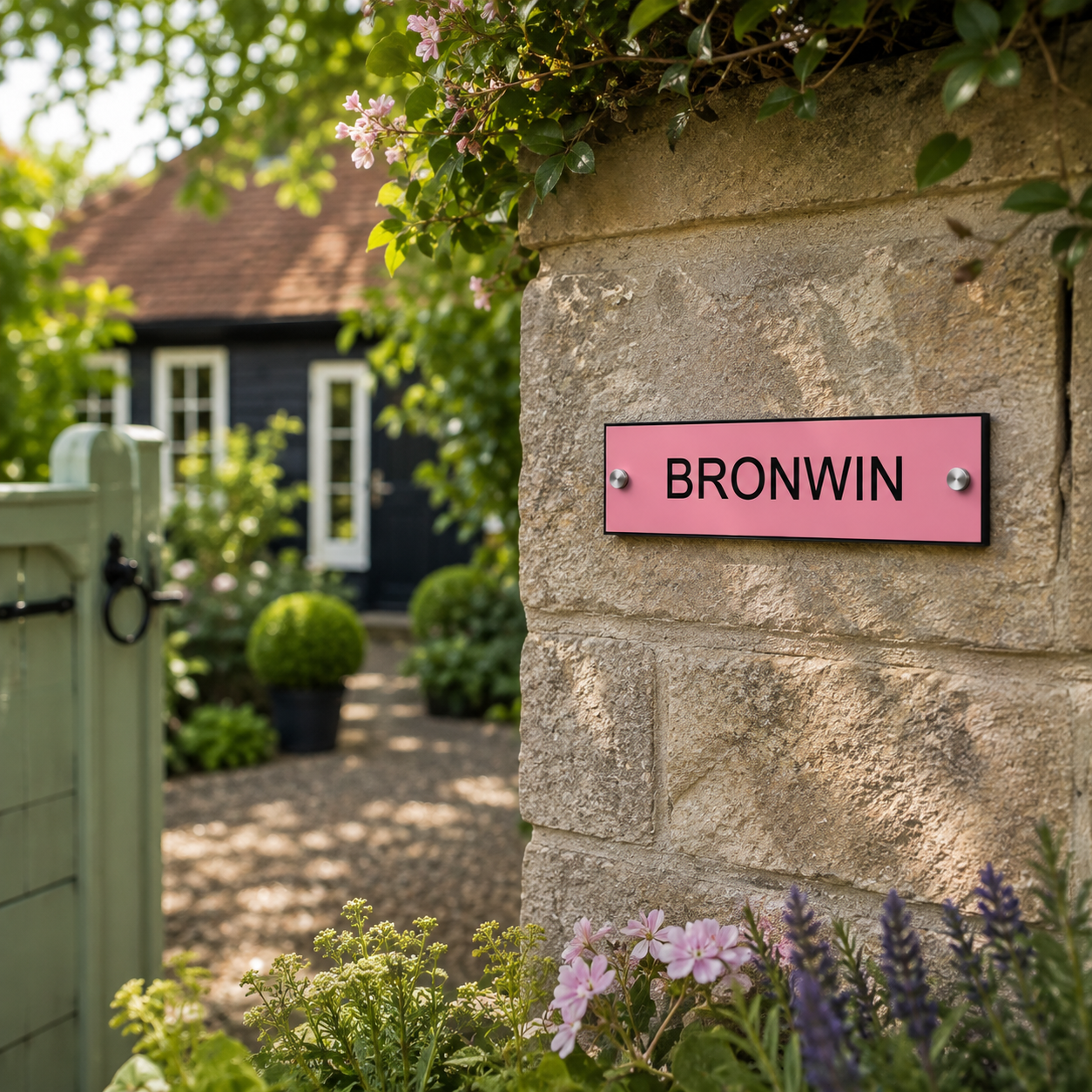 A rectangular pink house number sign with black lettering reading 'BRONWIN', mounted on a rustic stone wall in a garden setting.