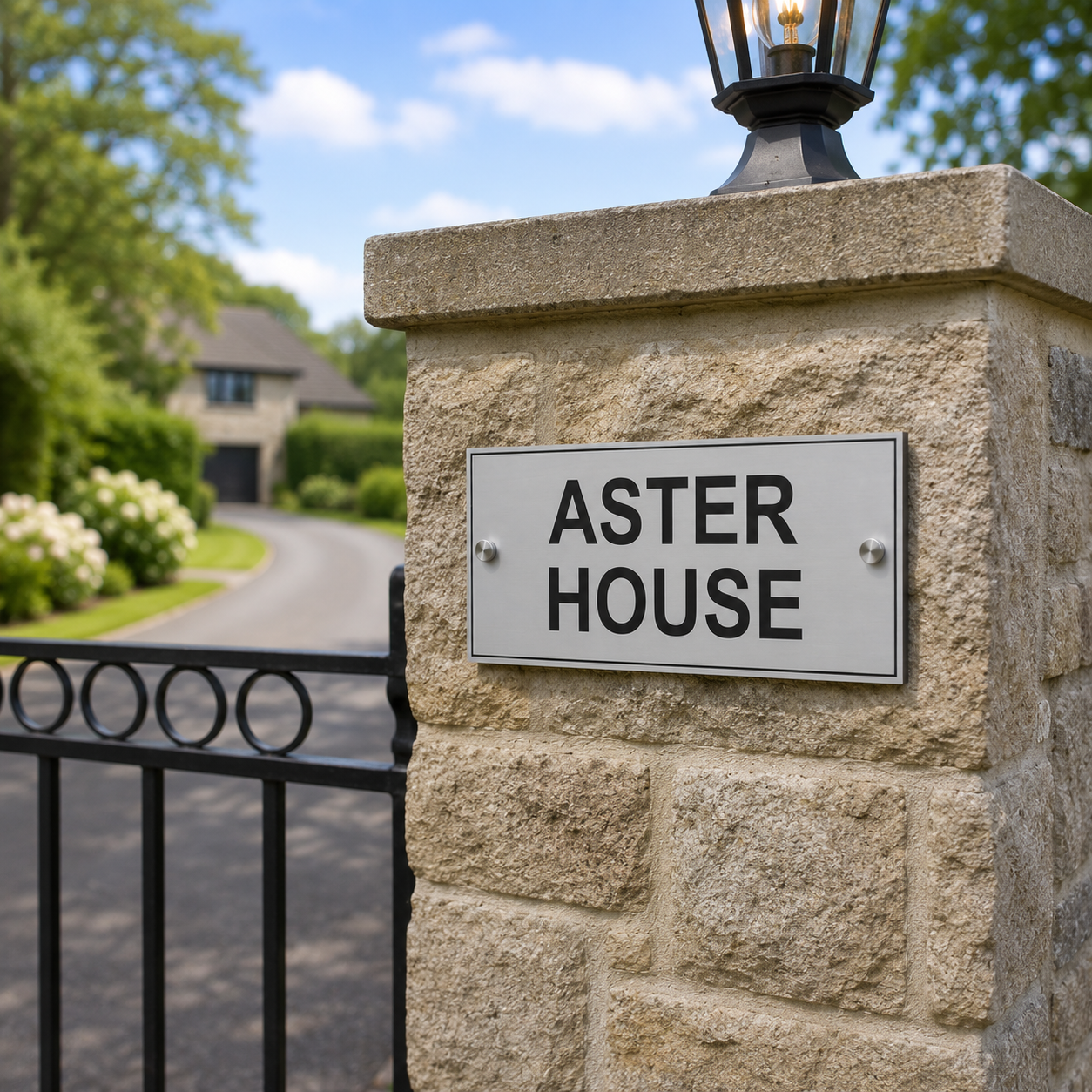 A stone pillar gatepost with a metal sign reading 'ASTER HOUSE' in black letters, set in front of a blurred driveway and garden background.