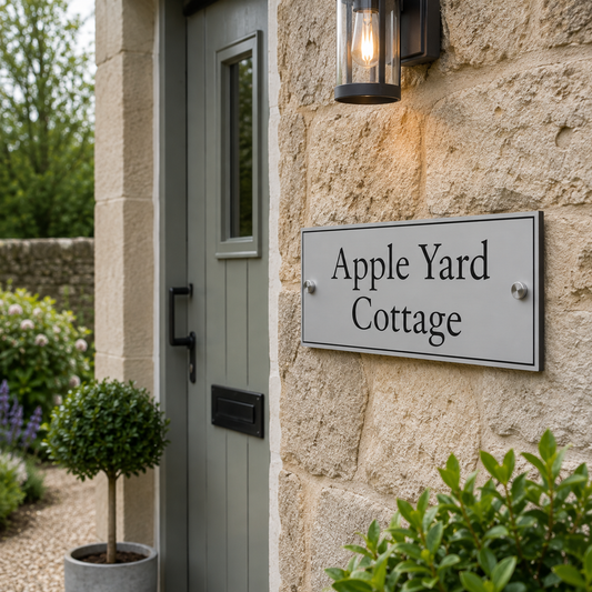 A rectangular white house sign with black lettering reading 'Apple Yard Cottage' mounted on a beige stone wall beside a gray door and an outdoor wall lamp.