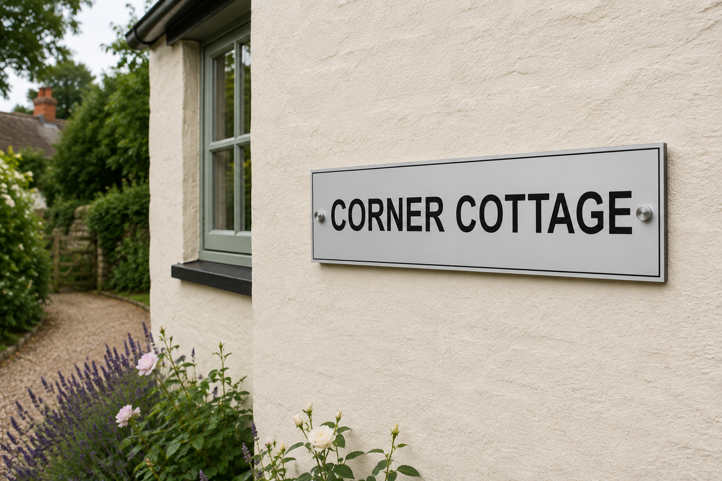 A rectangular white street sign with black lettering reading 'CORNER COTTAGE' mounted on the cream-colored stucco wall of a cottage, with a garden path and plants visible below.