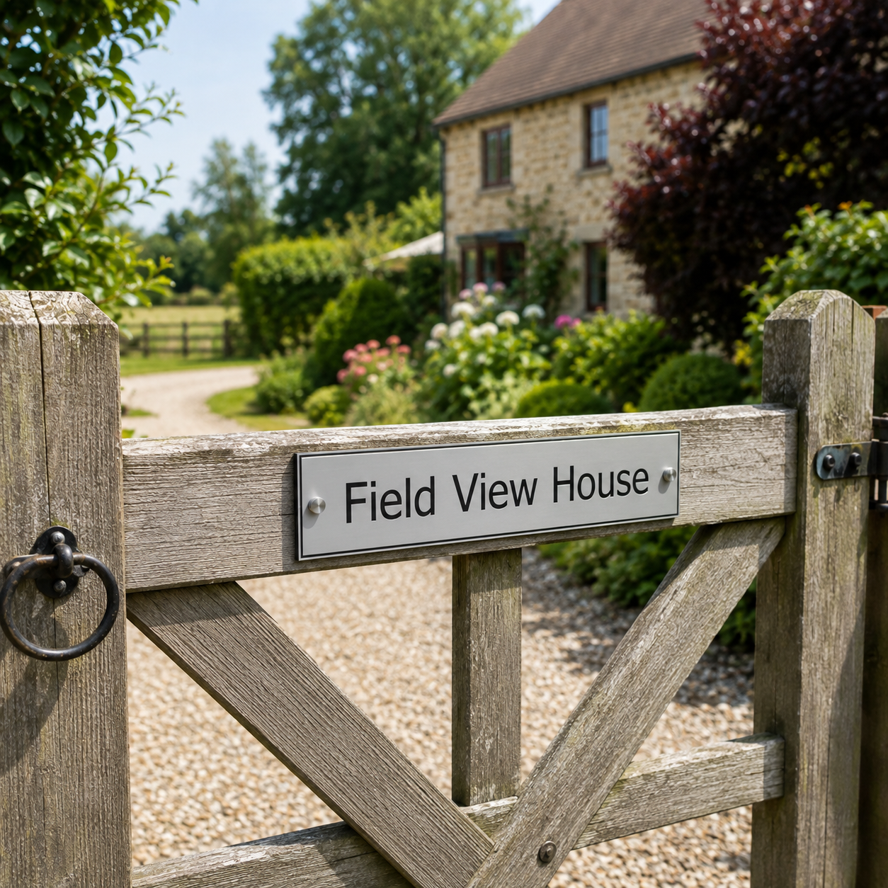 A weathered wooden gate with a metal sign reading 'Field View House' set against a blurred background of a stone cottage, garden, and trees.