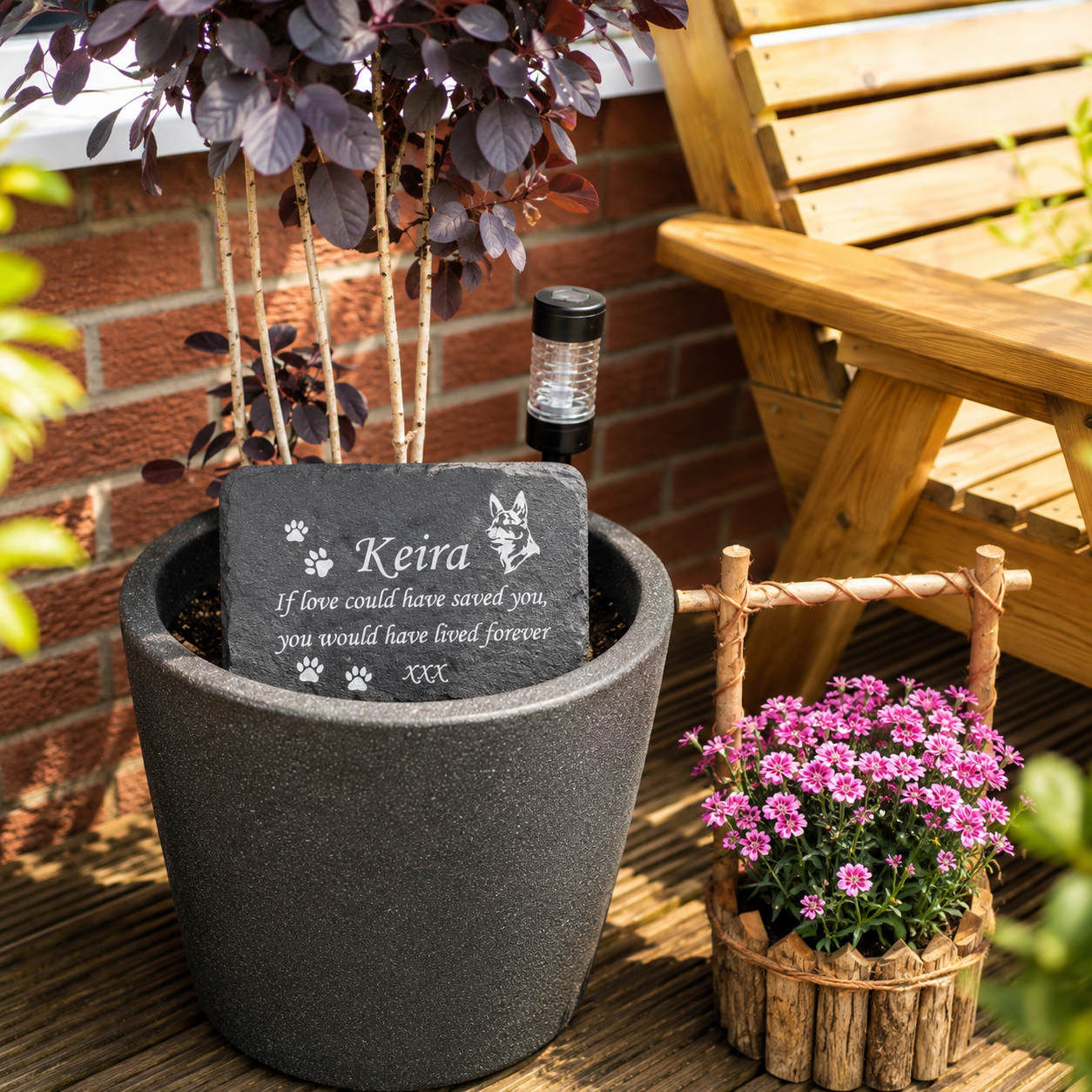 Personalised natural slate German Shepherd memorial plaque with German Shepherd design, custom name, dates and memorial wording