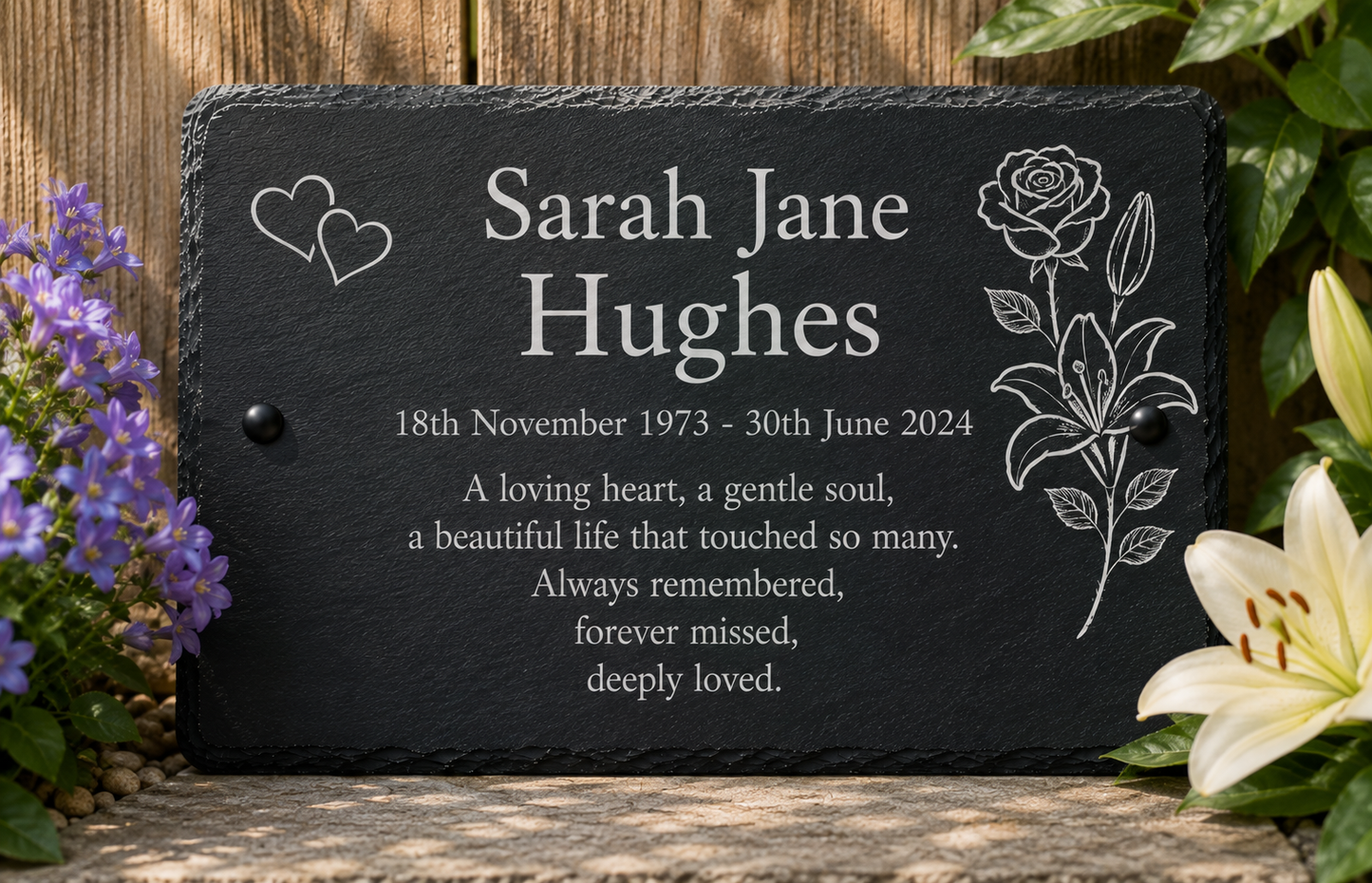 Personalized black slate memorial plaque with engraved white text and floral line art, displayed outdoors on a wooden surface with flowers around it.