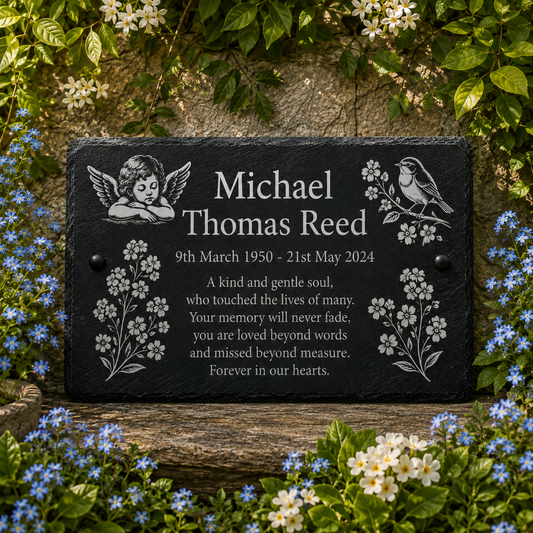 Personalized black slate memorial plaque with engraved cherub, bird, flowers, and memorial text, displayed outdoors on a wooden surface surrounded by green leaves and blue/white flowers.
