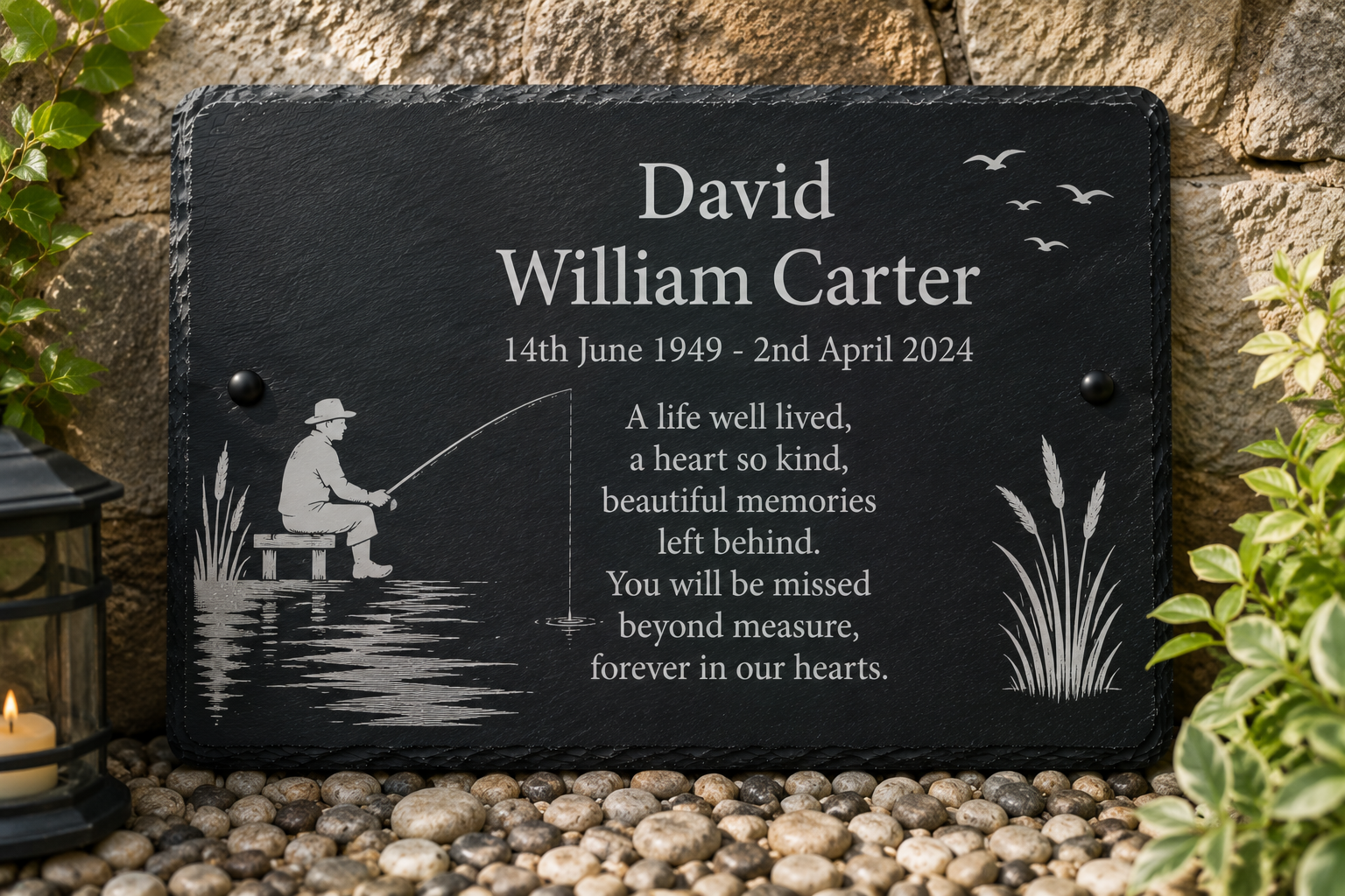 Personalized black slate memorial plaque with engraved white text and a fishing illustration, mounted against a stone wall with gravel and greenery around it.